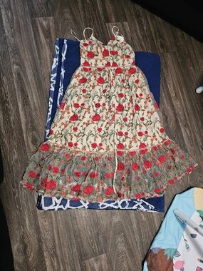Womens Floral Embroidered Cream Dress with Red Roses